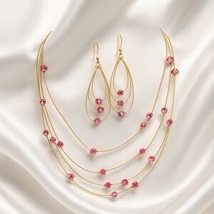 Women Gold multi strand Pink Crystal Statement Necklace & Earrings - Jewelry